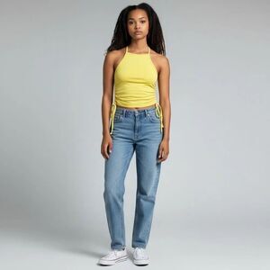 YMI Solid Yellow Sleeveless High Neck Crop Top Adjustable Length Drawstring M